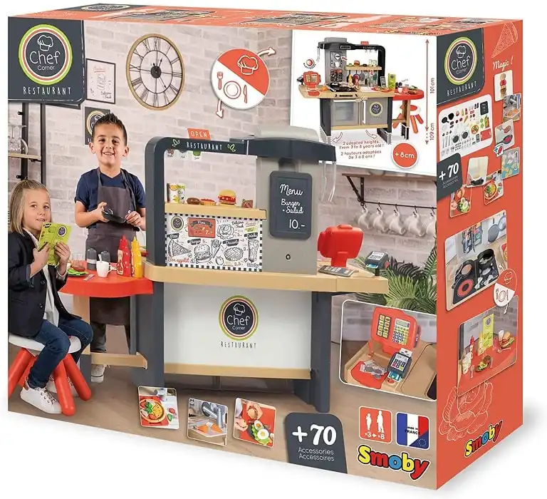 Cucina Chef Corner Restaurant Smoby con 70 Accessori per Bambini 138x44x101cm