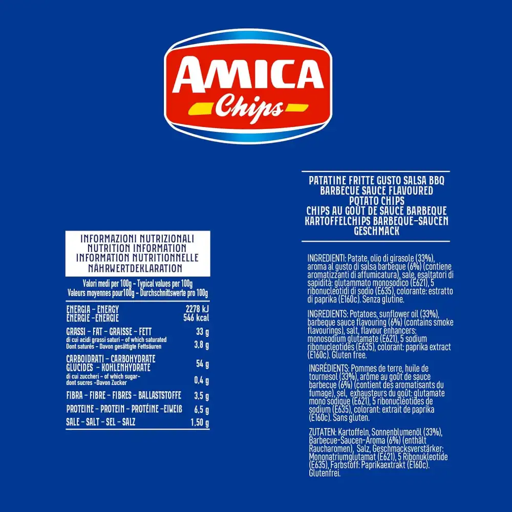 20x AMICA Chips La Patatina Gusto Salsa BBQ Snack Senza Glutine 20 Pezzi x 100gr