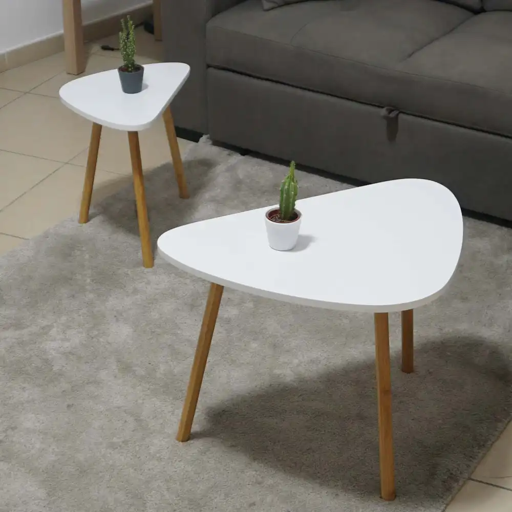 Set 2 Tavoli Tavolini Hator in Legno Bambu' con Ripiano Bianco Laccato Arredo