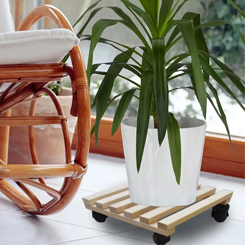 Carrello Quadrato Sottovaso in Legno Con 4 Ruote Per Fioriera Pedana 30 x 30 Cm