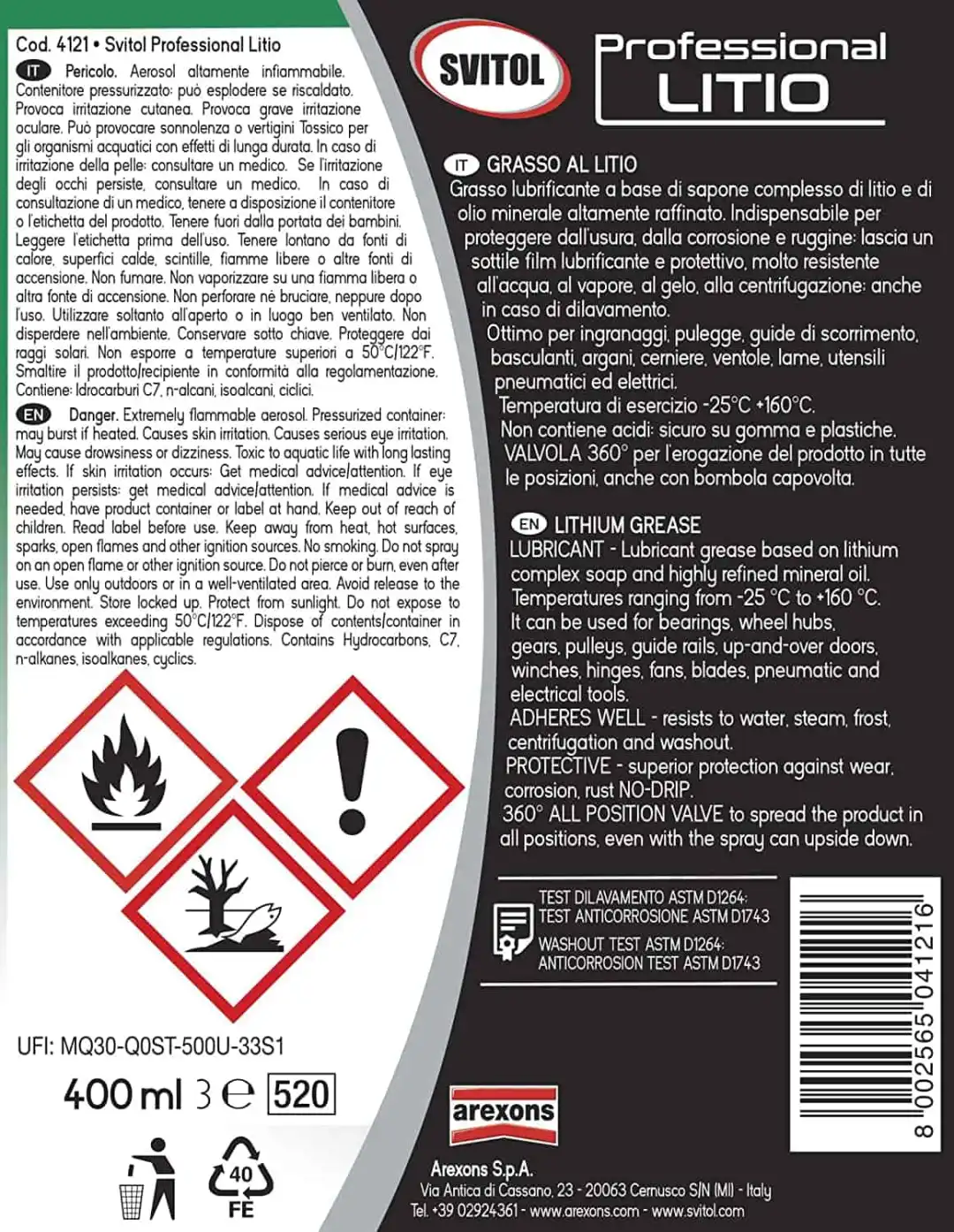Svitol Professionale Lubrificante Litio Grasso al Litio Previene Usura 400ml