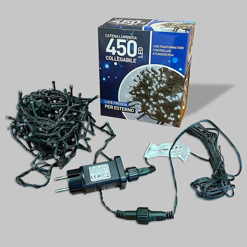 Catena Luminosa 450 Led Natalizia Luci Natale Bianco Freddo 15 Metri 8 Funzioni