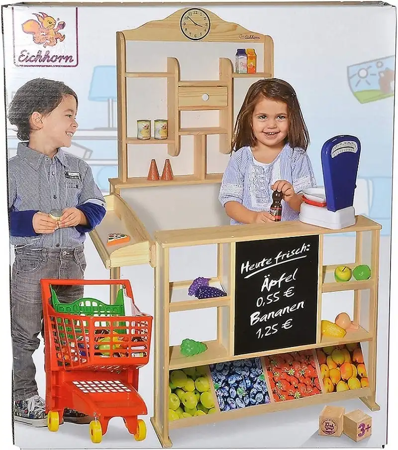 Gioco Giocattolo Negozio in Legno con Cassetti Bancone Lavagna 73x78x112 cm