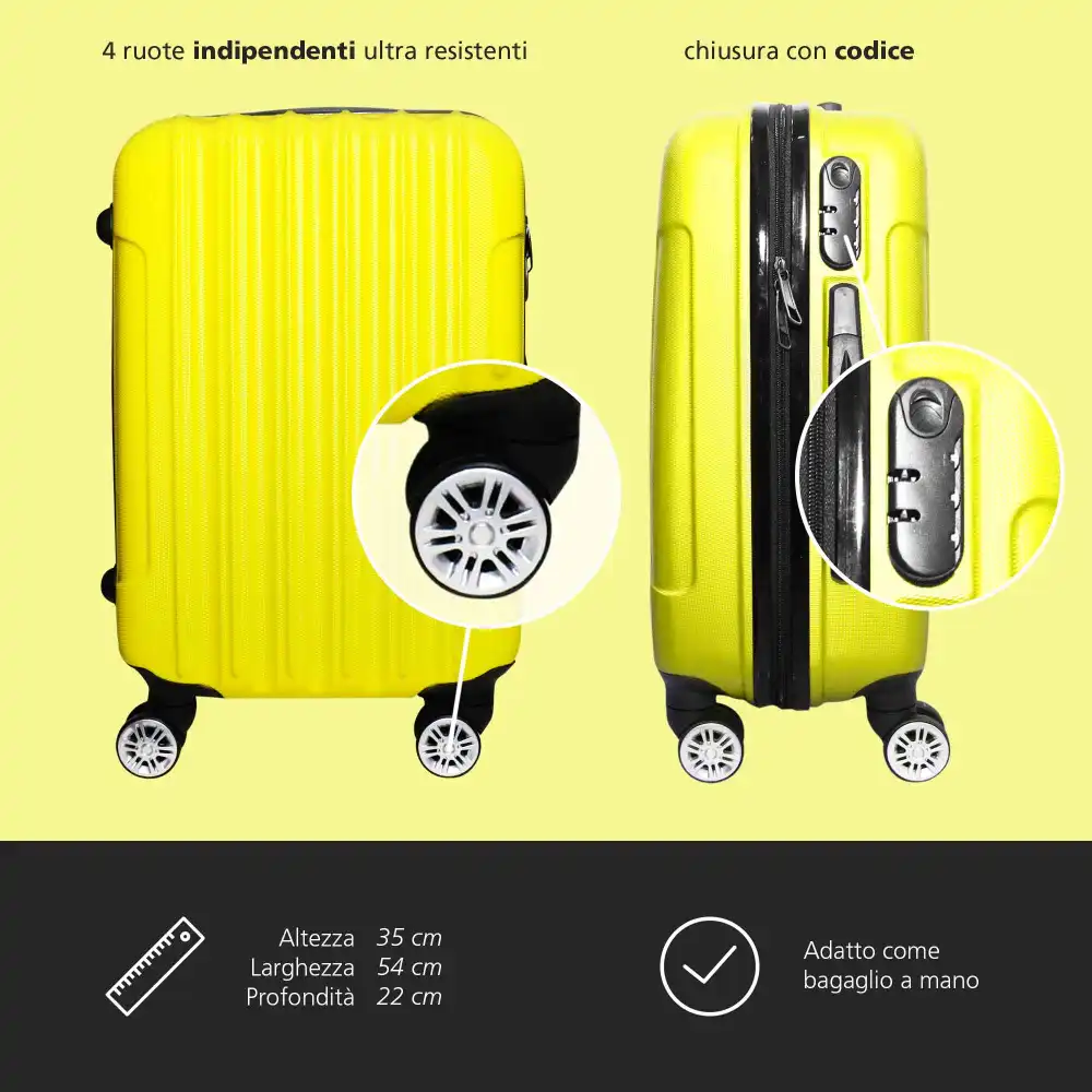 Trolley Rigido Da Viaggio Bagaglio a Mano Giallo Voli Ryanair EasyJet 55x35x23cm