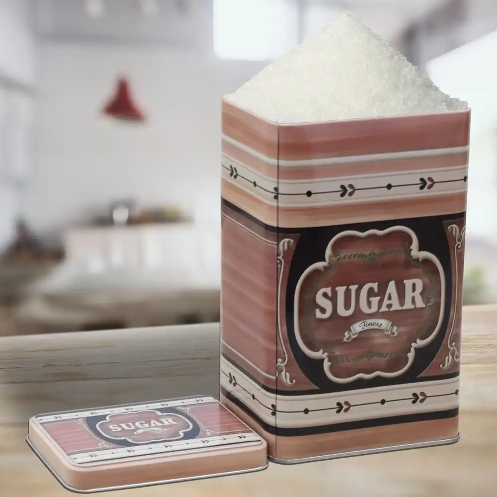 Scatola Barattolo in Latta Rettangolare Porta Zucchero Sugar Con Tappo