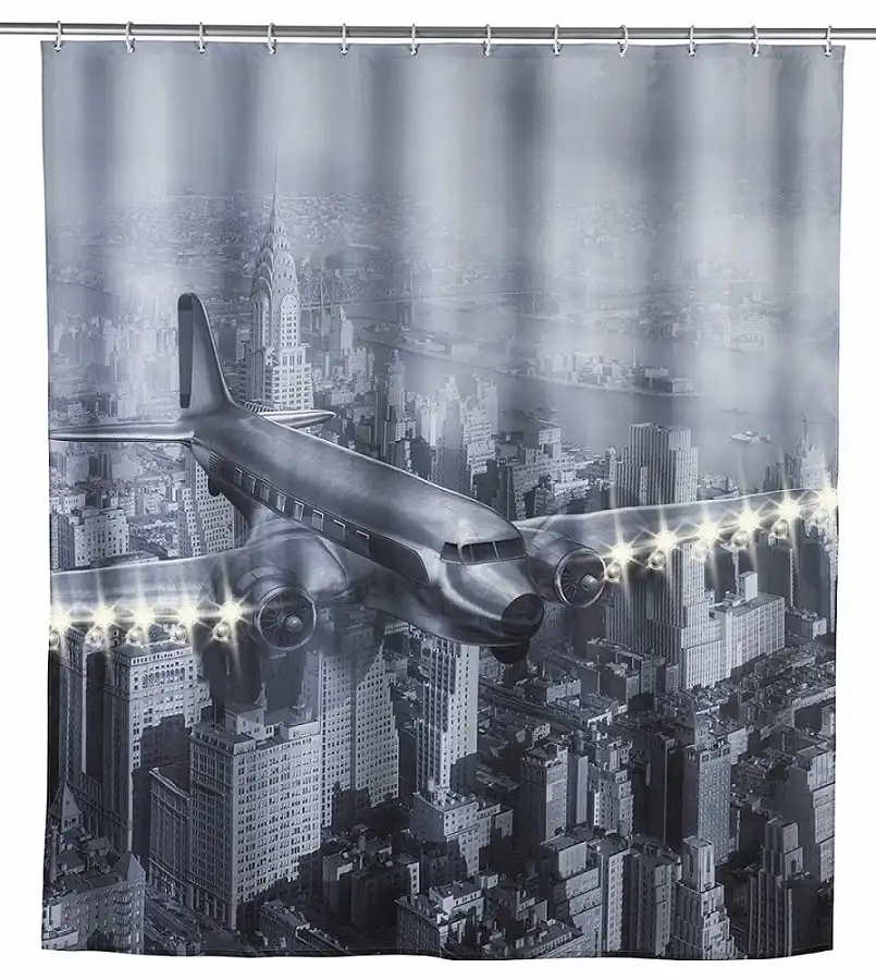 Tenda Doccia Con Led Integrati Aeroplano Old Plane 180x200Cm Con Anelli