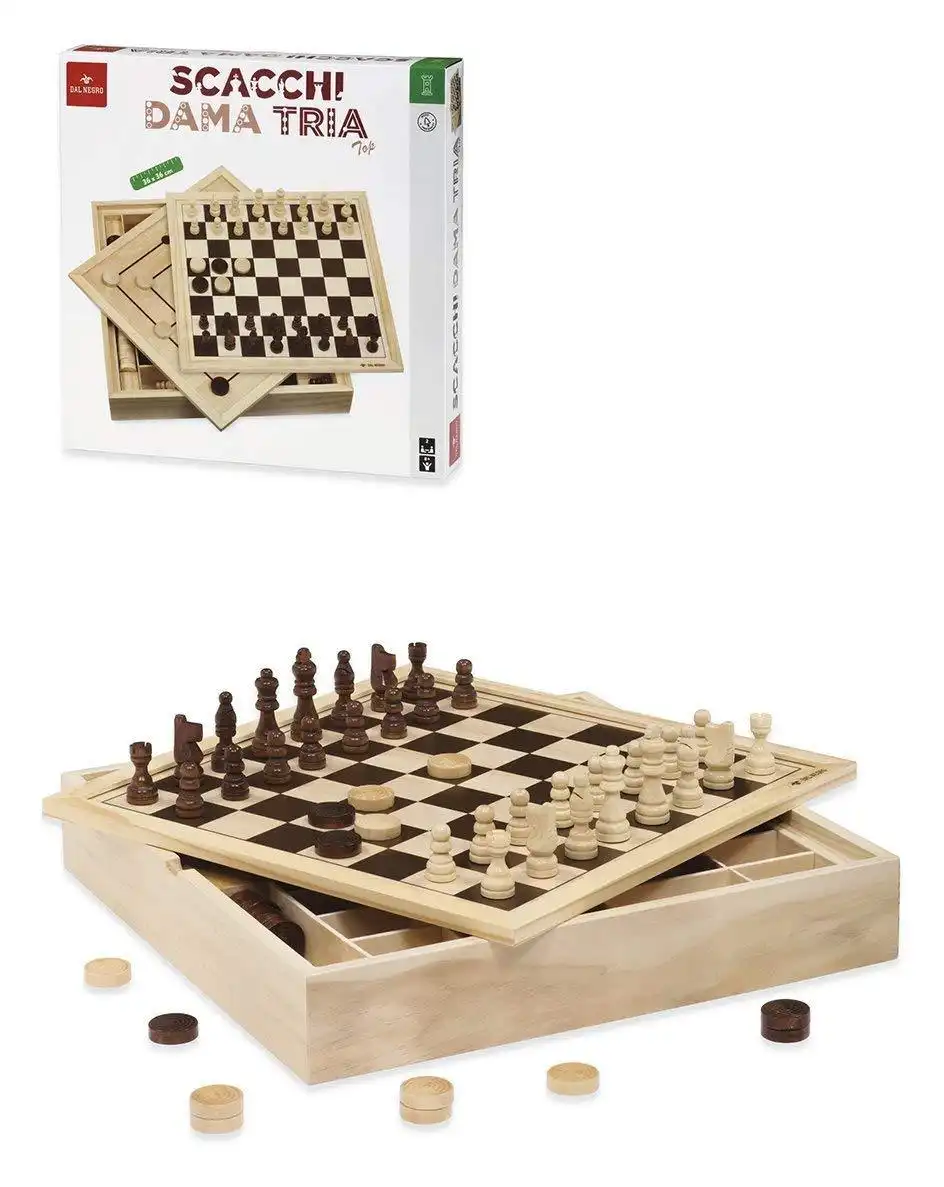 Gioco da Tavolo 3 in 1 Scacchi Dama Tris Contenitore Legno Naturale 36x36x6 cm
