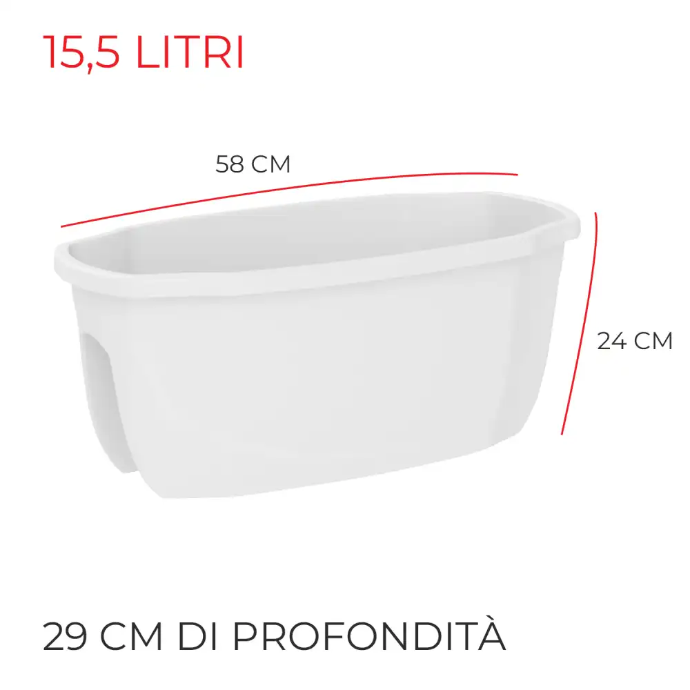 Vaso Flora da Balcone per Ringhiera Rettangolare 58x29x24cm Colore Bianco