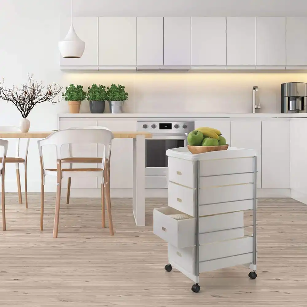 Scaffaletto Carrello Cassettiera da Cucina con 4 Cassetti Estraibili Bianco
