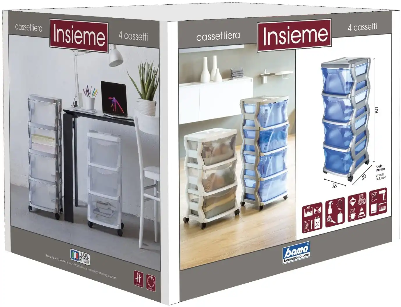 Cassettiera Con Ruote Salvaspazio Insieme 4 Cassetti Struttura Argento 36x40x80h