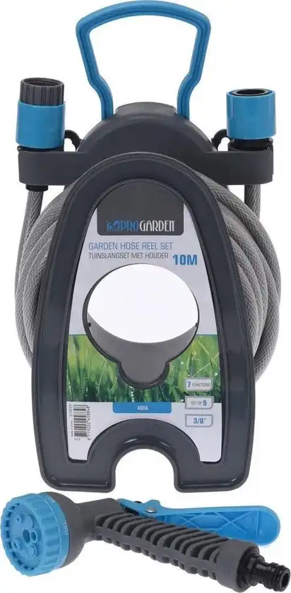 Avvolgitubo + Tubo da Giardino 10 Metri Spessore 3/8' Con Accessori Grigio/Blu
