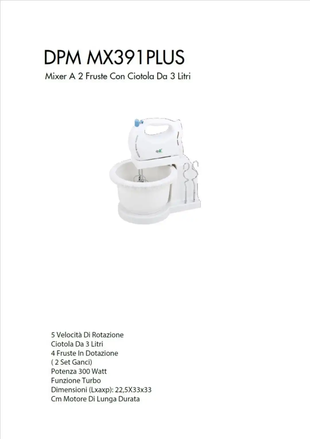 Sbattitore elettrico mixer con ciotola 5 velocità 300 w 3 Litri Ciotola