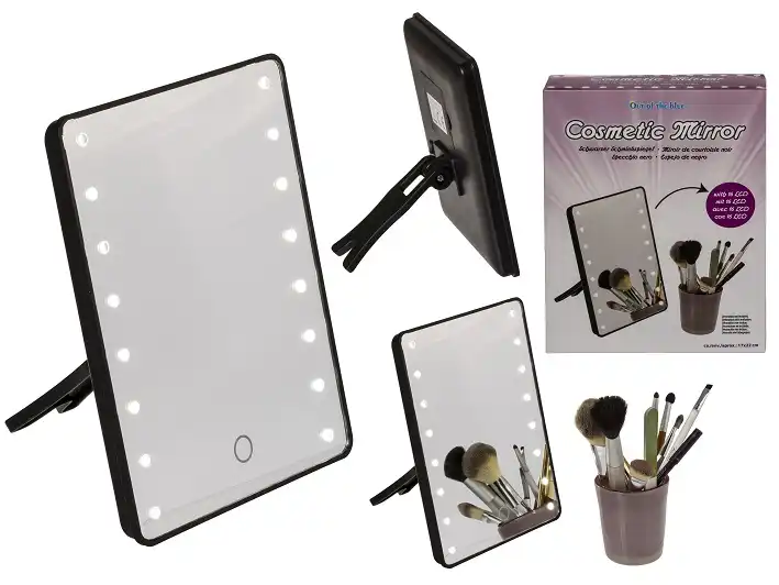 Specchio Nero in Plastica per Trucco Cosmetico Cosmetici con 16 Led 17x22cm