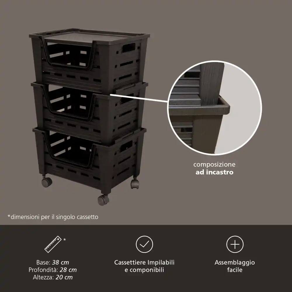 Carrello 3 Ceste con Coperchio 40x30cm Rovere Impilabili Colore Wenge'