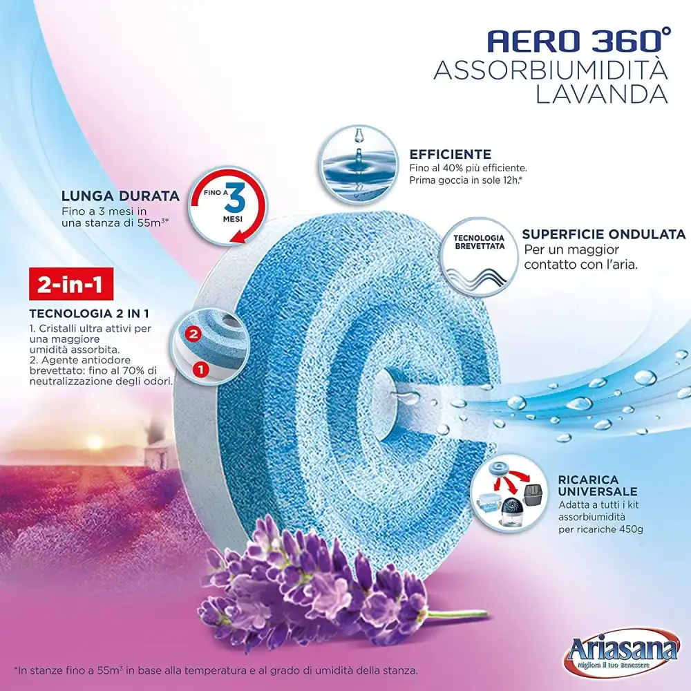 Ariasana Aero 360° Kit Assorbiumidità Deumidificatore Ricaricabile 2in1 Lavanda