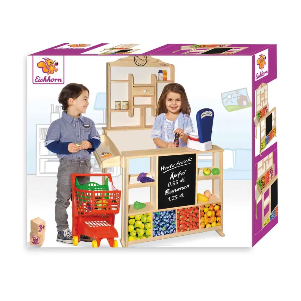 Gioco Giocattolo Negozio in Legno con Cassetti Bancone Lavagna 73x78x112 cm