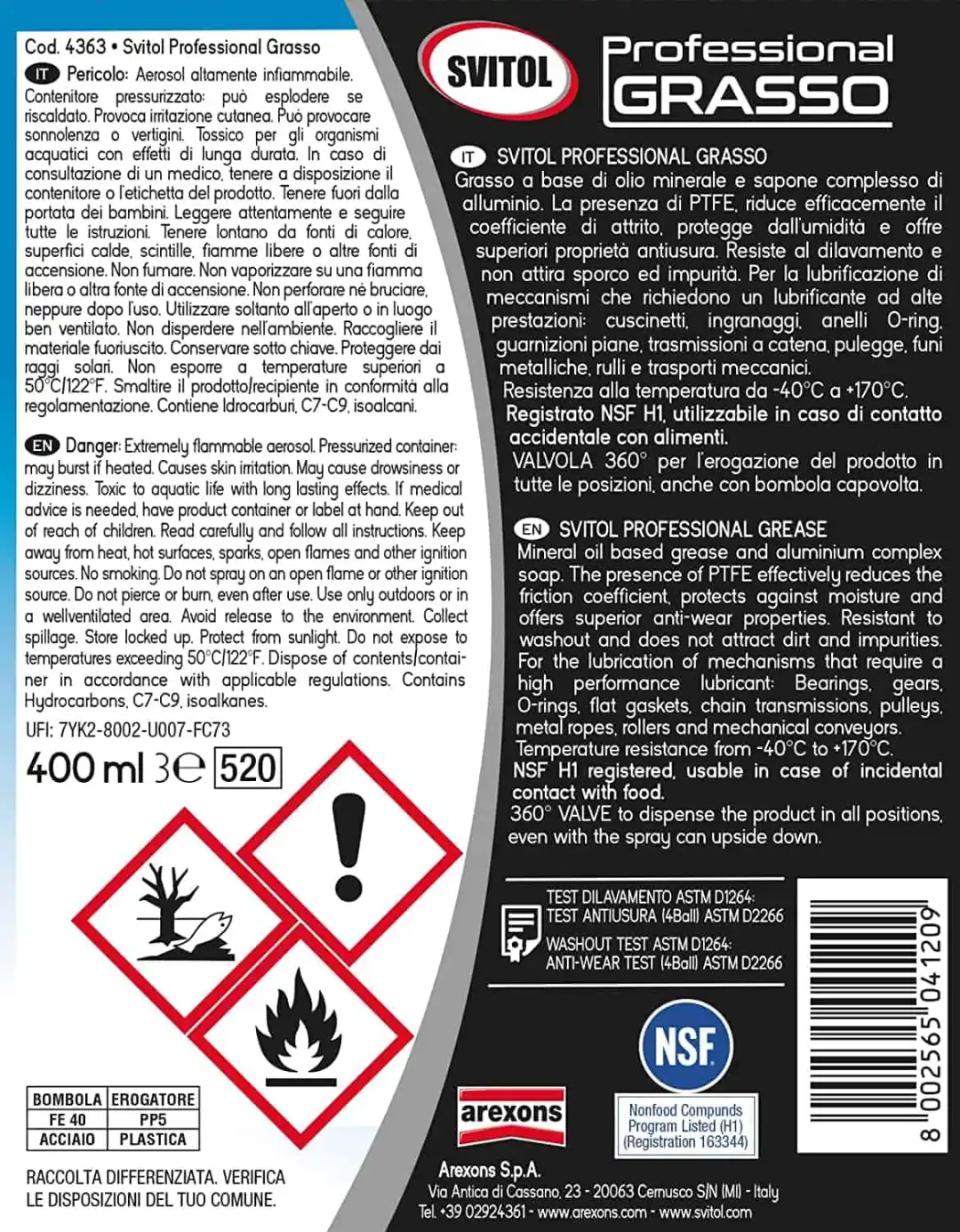 Arexons Svitol Professional Grasso Lubrificante Spray Trasparente con PTFE 400ml