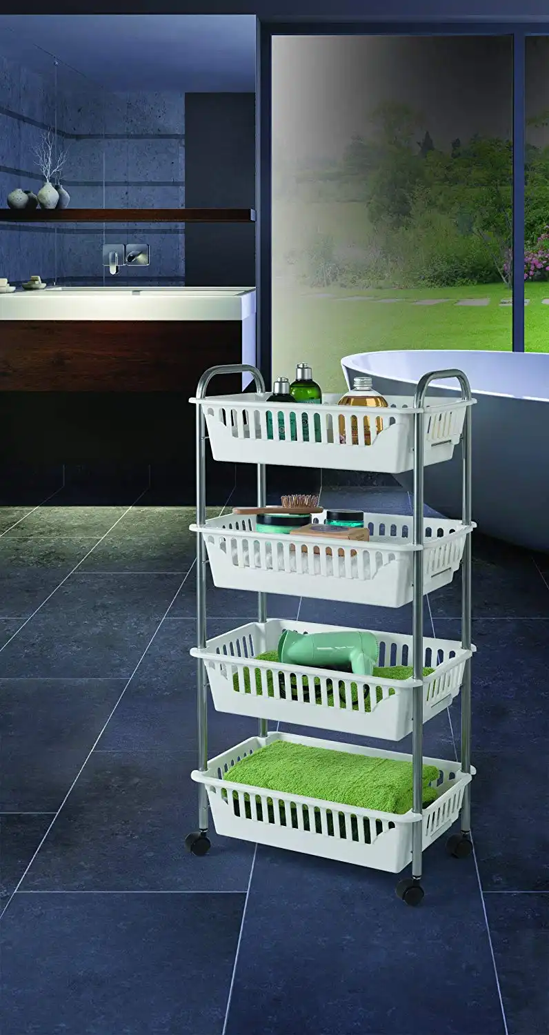 Scaffale Scaffaletto Con 4 Cesti Oslo Multiuso Con Ruote Cestelli Bianco