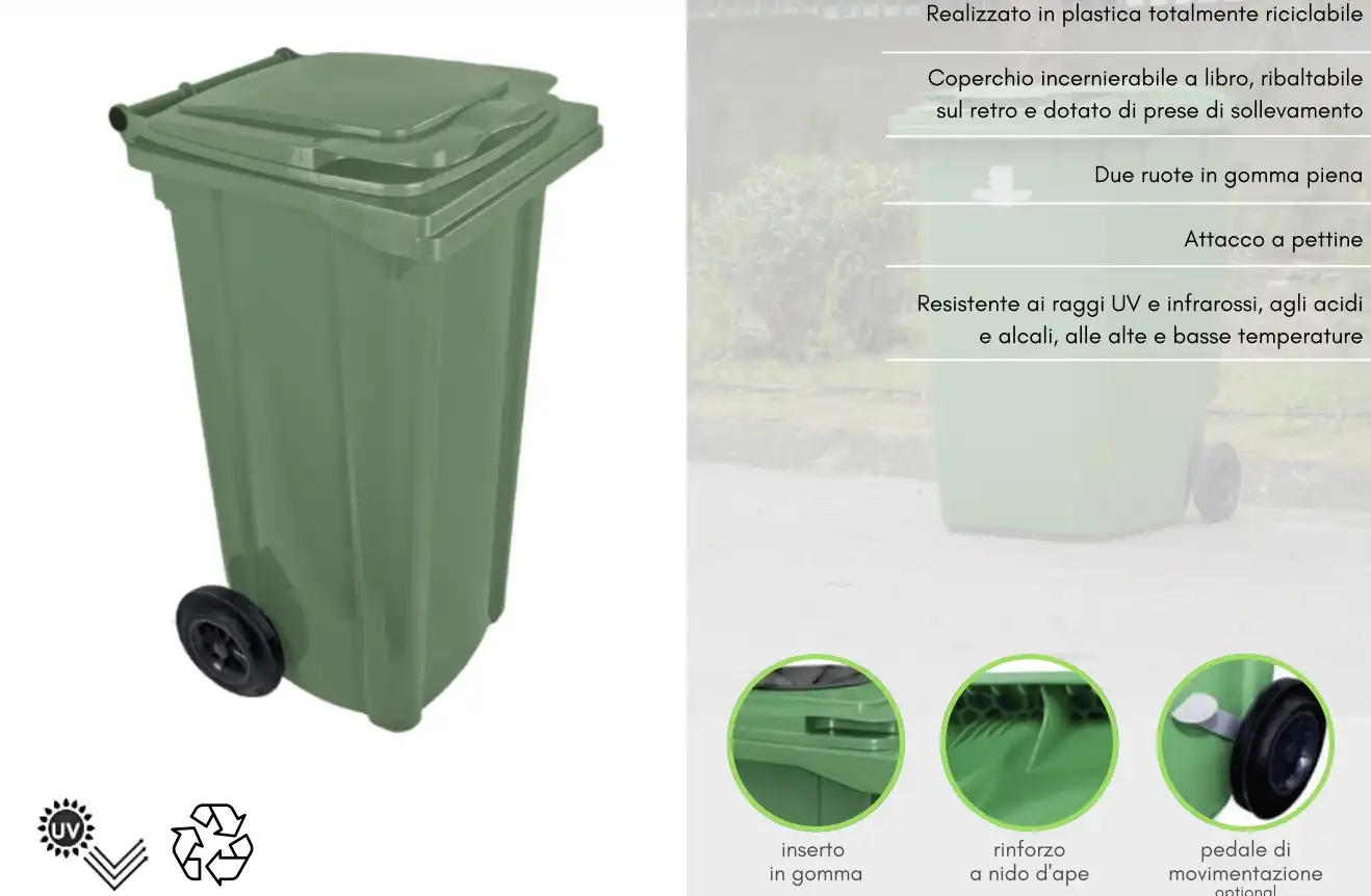 Bidone Carrellato a due Ruote per Raccolta Differenziata 120Lt Verde in Plastica