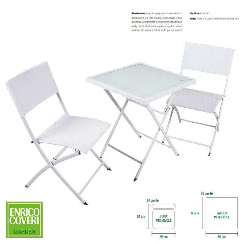 Set da Giardino Coveri Wiker 3pz Set Tavolo 60CM + 2 Sedie Pieghevoli Polyrattan