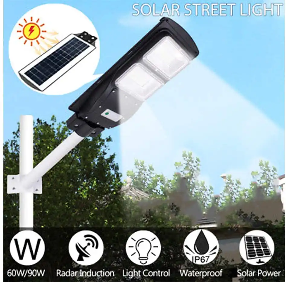 Lampione Stradale Faro a Led 60W Crepuscolare Con Pannello Solare + Telecomando