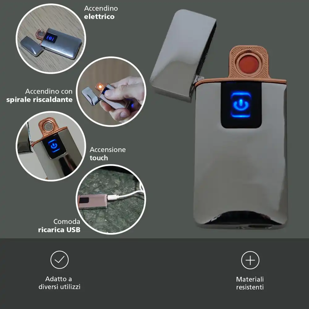 Accendino Elettrico Touch USB Ricaricabile Antivento 400208 Kansas Silveice