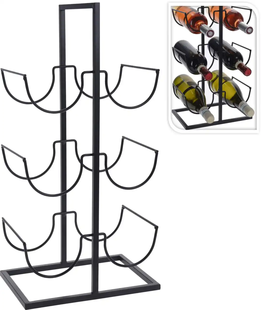 Portabottiglie Porta Bottiglie Vino in metallo 6 posti 24x51 cm Nero Portavino