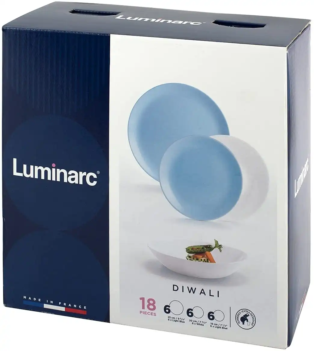 Luminarc Servizio Piatti da Tavola 18 Pezzi Diwali Vetro Opale Light Blue-Bianco