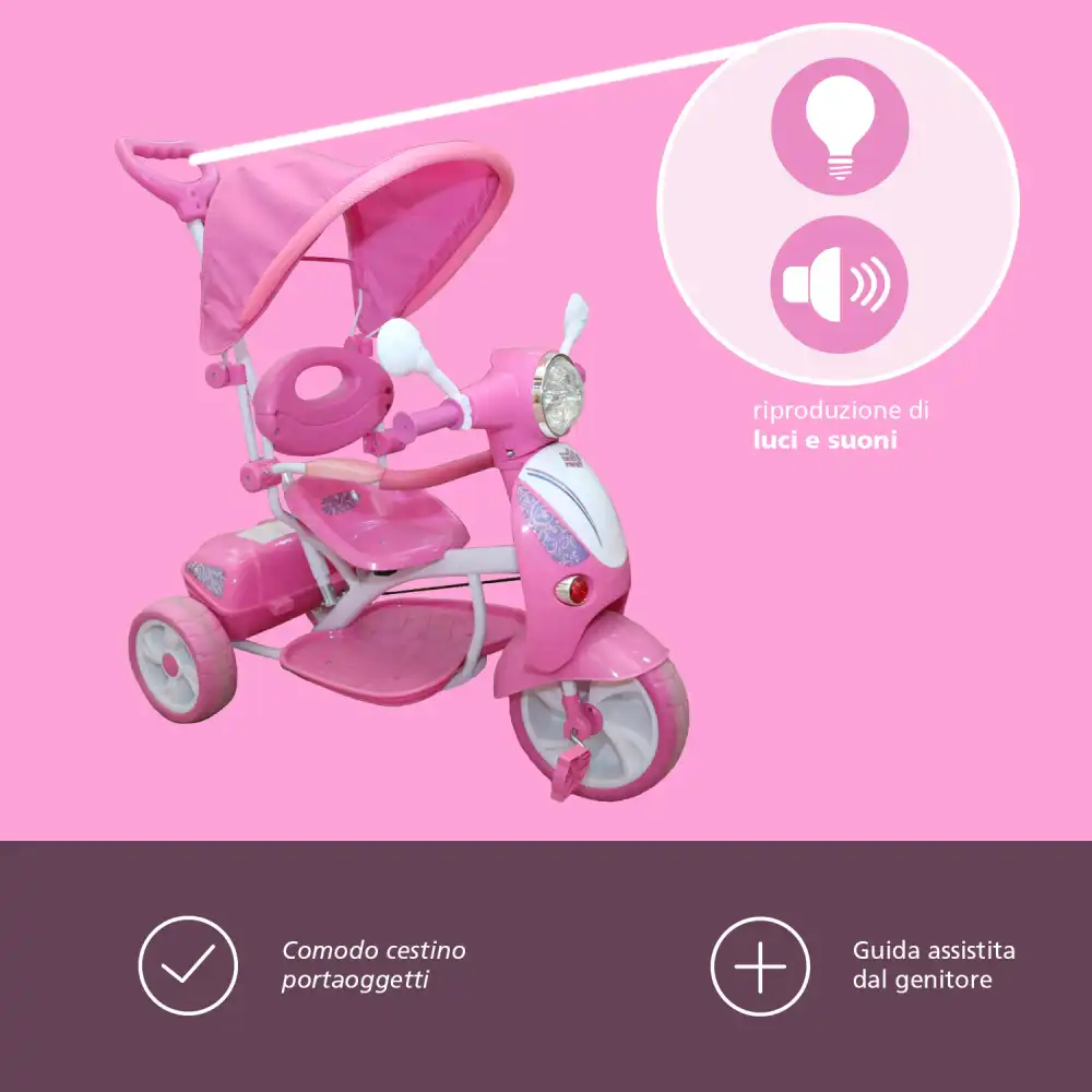 Triciclo Vespina per Bimbo Bambini con Cappottina e Maniglia Direzionabile Rosa