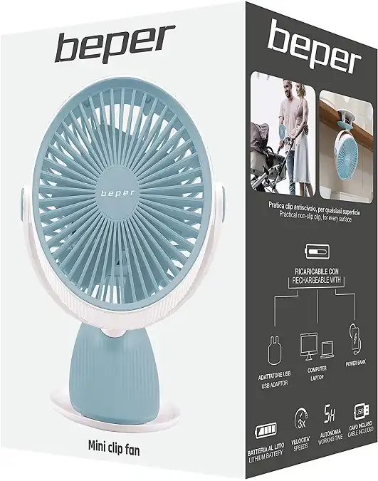 Ventilatore Portatile Usb Ricaricabile 3 Velocita' Inclinabile Luce Led con Clip
