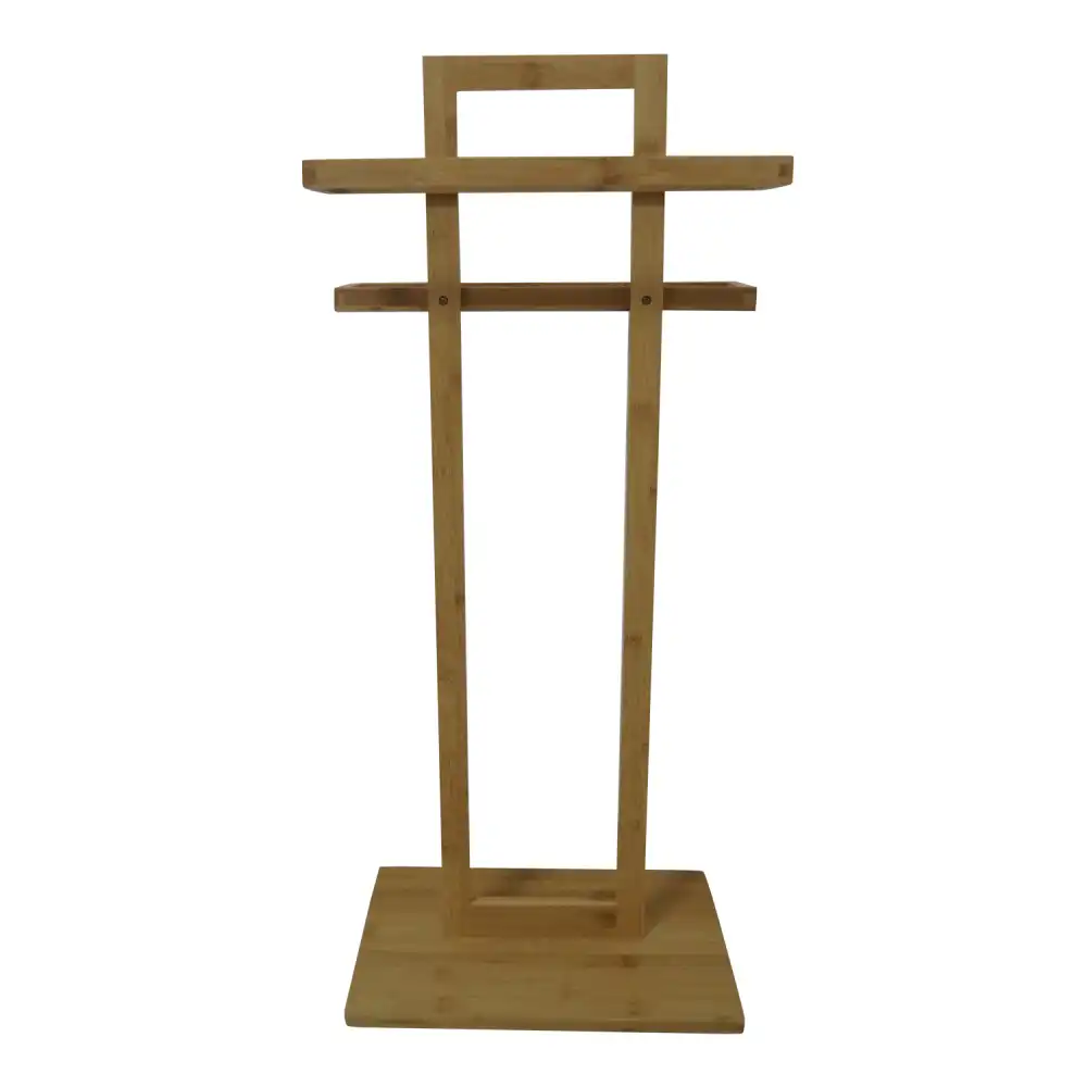 Porta Asciugamani da Terra In Legno Bamboo Con 2 Barre Per Bagno 37x25x85cm