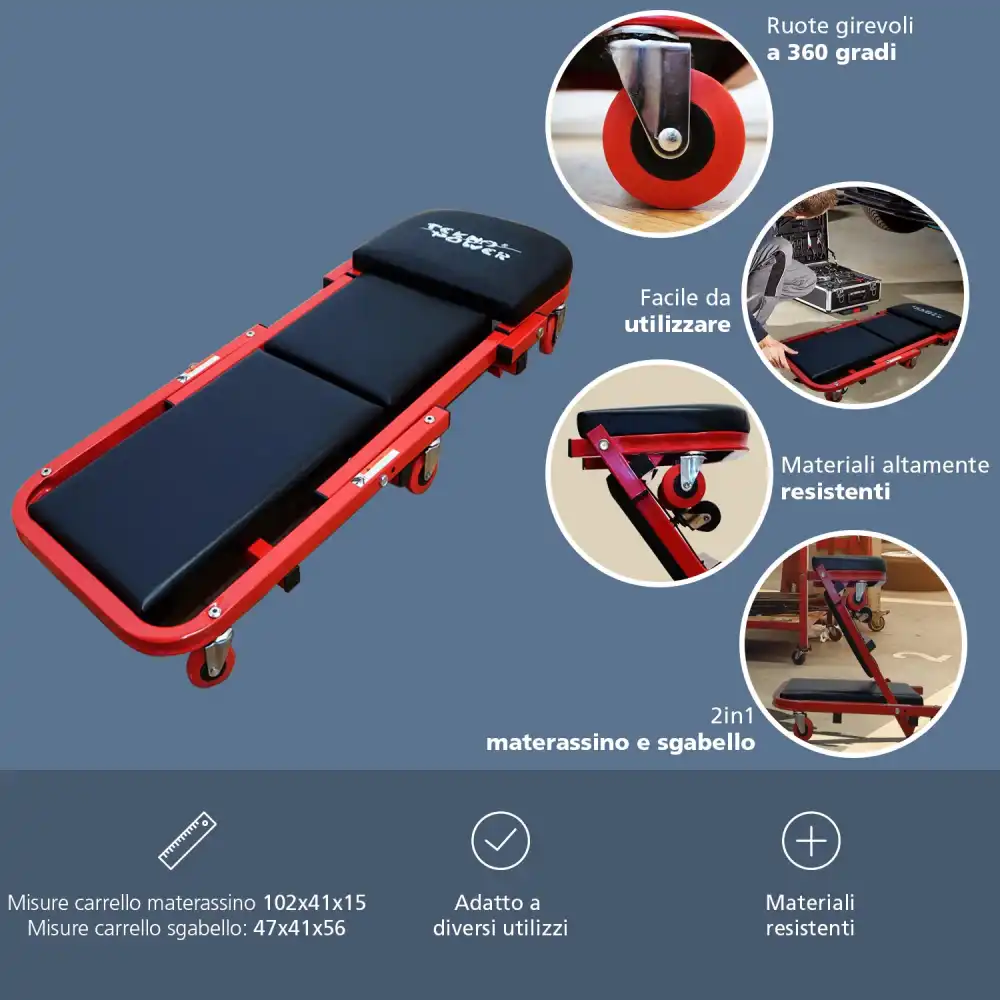 Carrello Carrellino Lettino Per Meccanico Sotto Auto Pieghevole Sgabello 7 Ruote