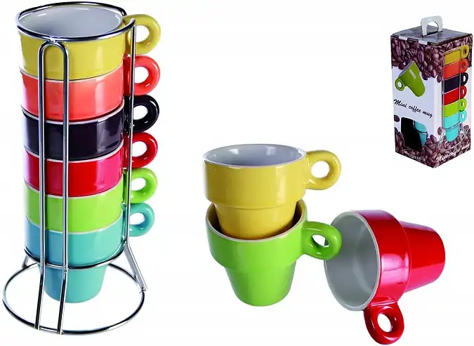 Set di 6 Tazze Tazzine da Caffe' Espresso Colorate con Supporto per Cucina