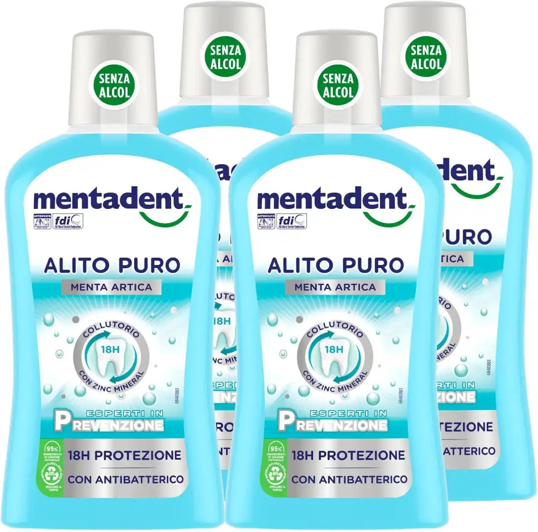 4x Mentadent Collutorio Alito Puro Menta Artica Zero Alcol Antibatterico 4x500ml