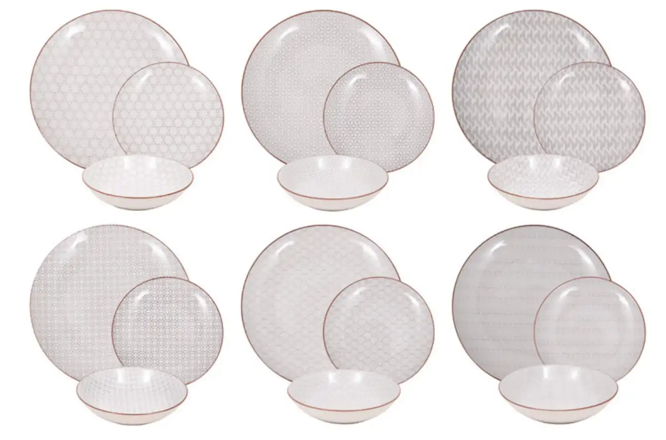 Servizio Piatti 18pz Tavola Cucina Per 6 Persone Piatto Sakura Grigio e Bianco