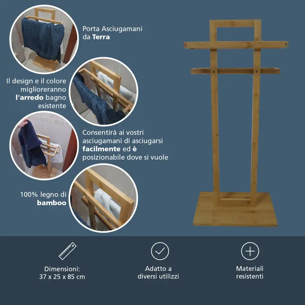 Porta Asciugamani da Terra In Legno Bamboo Con 2 Barre Per Bagno 37x25x85cm