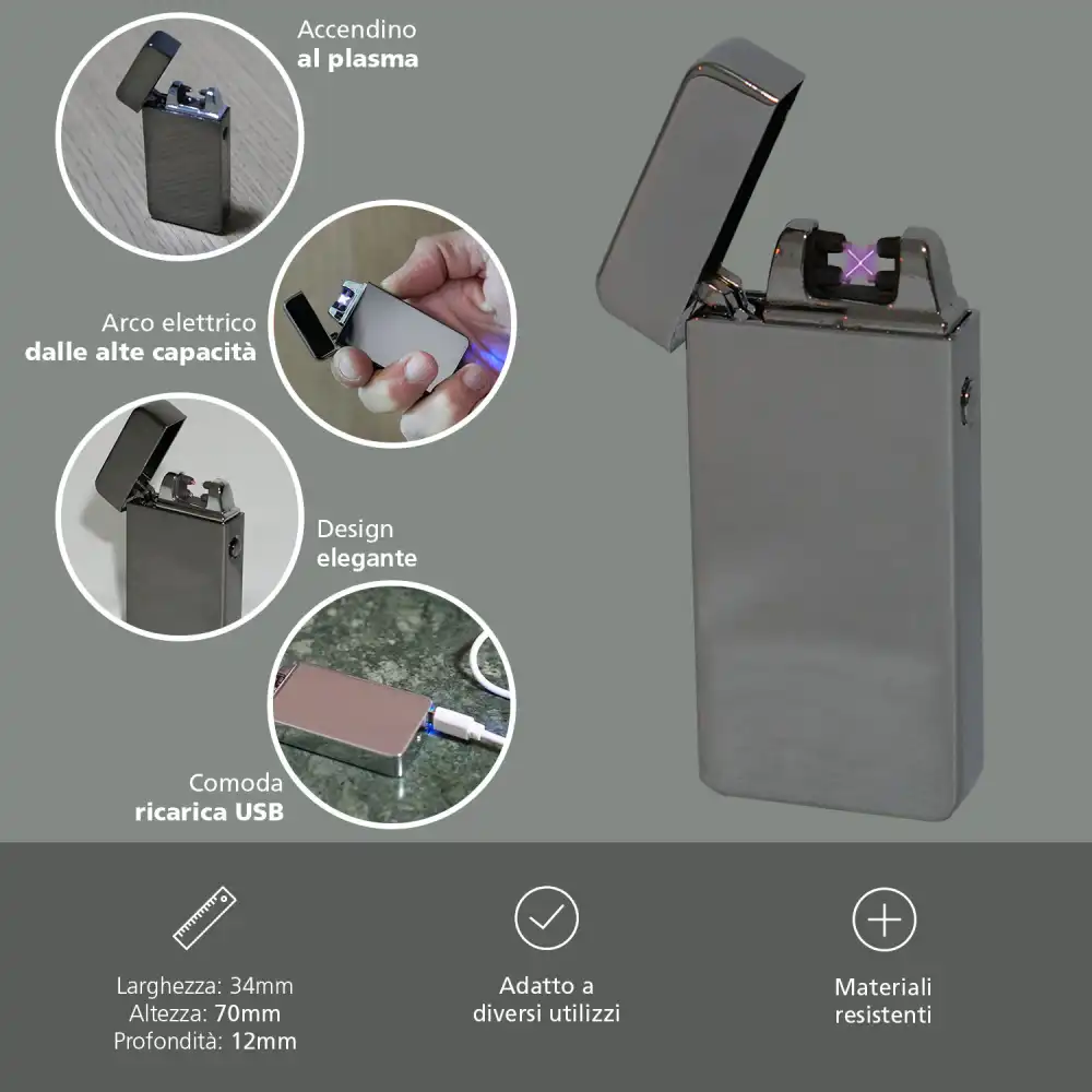 Accendino al Plasma ad Arco Elettrico USB Ricaricabile Modello Atlanta Argento