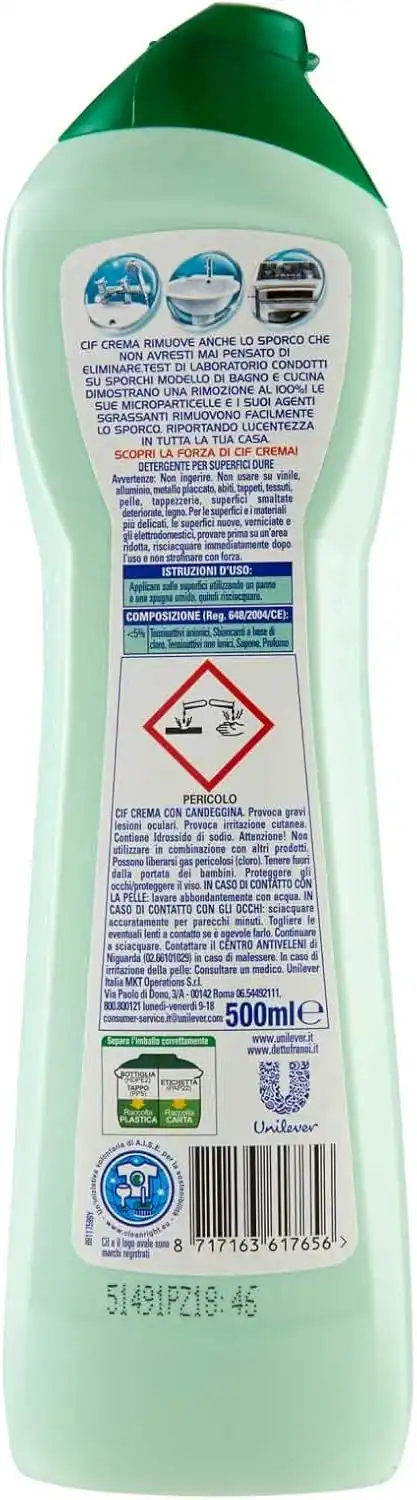 5x Cif Detergente in Crema con Candeggina e Microparticelle 5 Flaconi da 500 ml