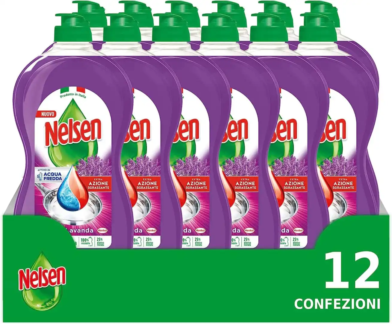 12x Nelsen Detersivo per Piatti Liquido Flaconi da 850ml Azione Sgrassante