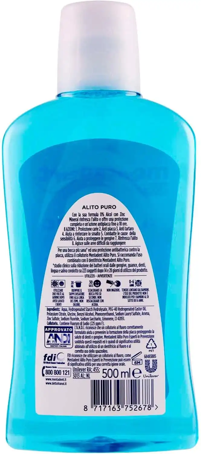 4x Mentadent Collutorio Alito Puro Menta Artica Zero Alcol Antibatterico 4x500ml