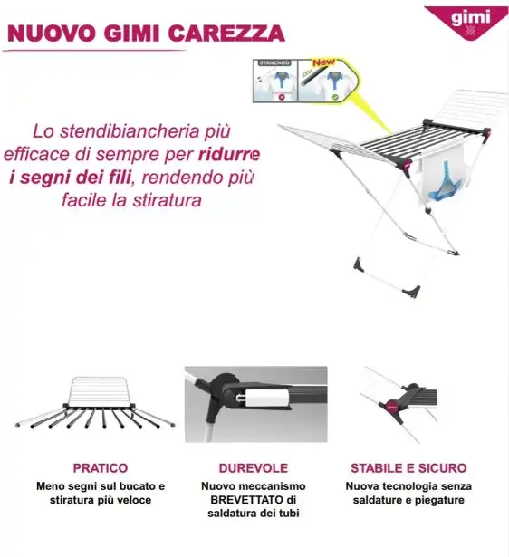 Gimi Carezza Stendibiancheria a Cavalletto Fili Spessi Stenditura 19mt con Ruote