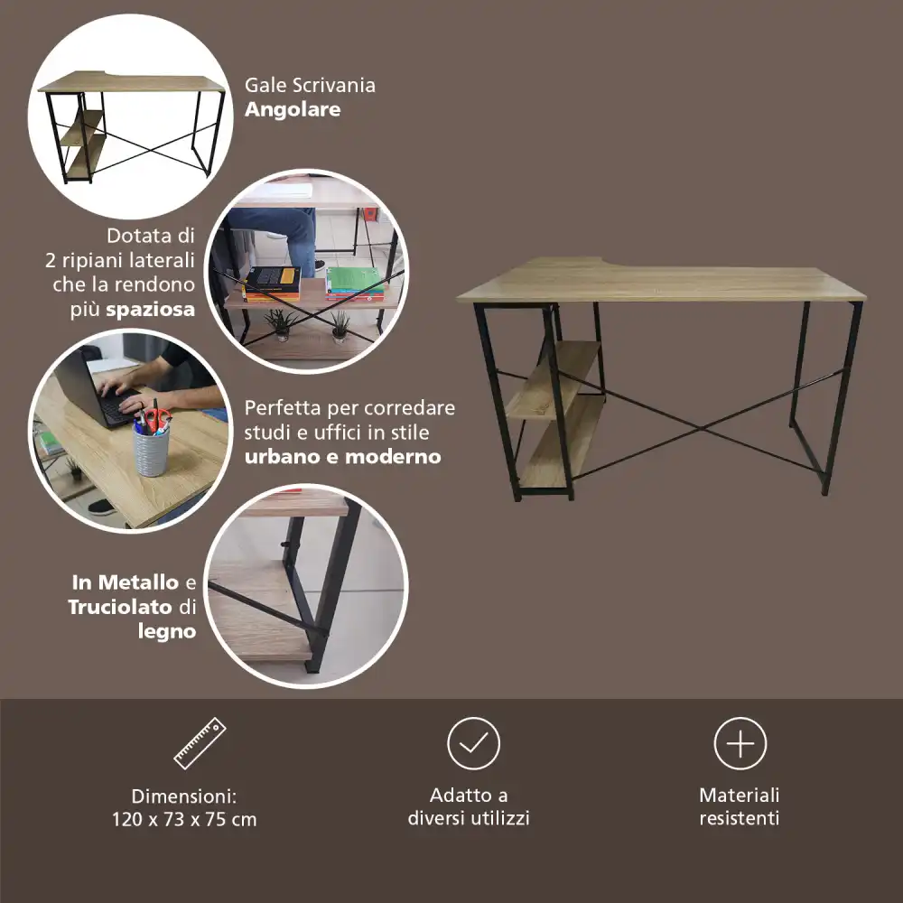 Gale Scrivania Angolare con 2 Ripiani in Legno e Metallo 120x73x75 cm