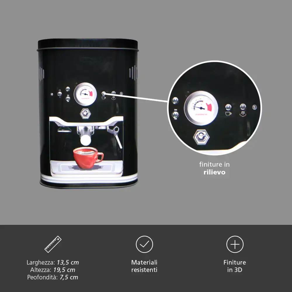 Contenitore Barattolo Vintage Per Caffe' in Metallo Design Macchinetta Espresso