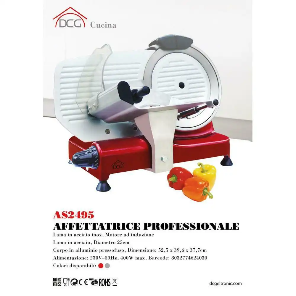 DCG AS2495 Affettatrice Elettrico Professionale 300W Rosso Con Lama 25 Cm