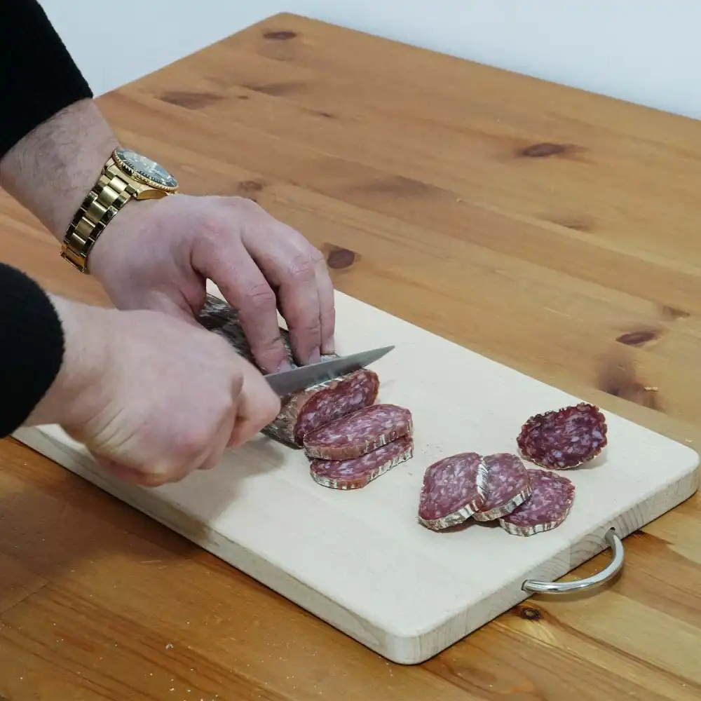 Tagliere in Legno di Faggio Naturale con Manico in Ferro 35x22x1.8h Vassoio