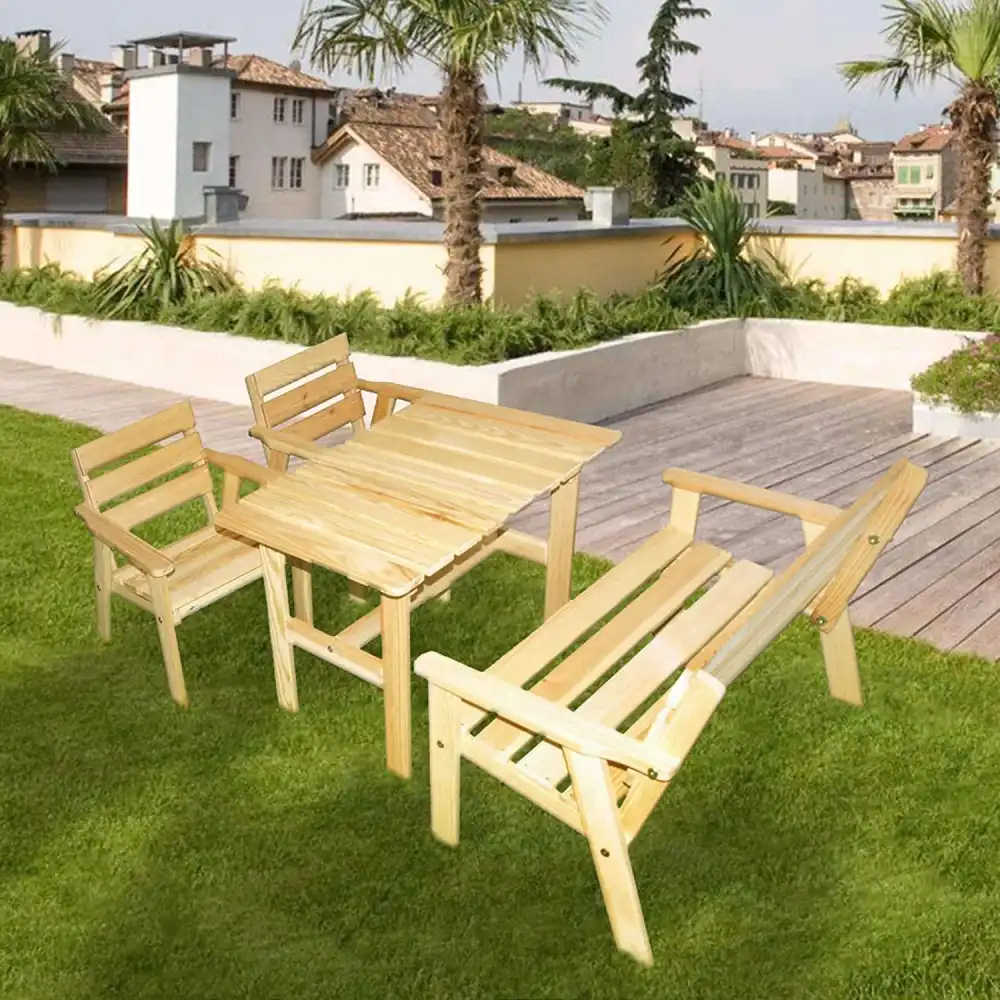 Set Tavolino con 2 Sedie e Panchina in Legno di Faggio Naturale per Bambini