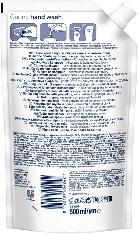 10x Dove Care & Protect Lavaggio a Mano Sapone Liquido 10 Sacchetti da 500 ml