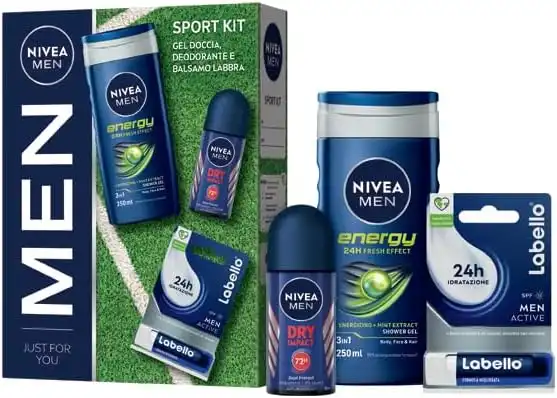 Nivea Man Sport Kit Cofanetto Regalo Uomo Gel Doccia Deodorante e Balsamo Labbra