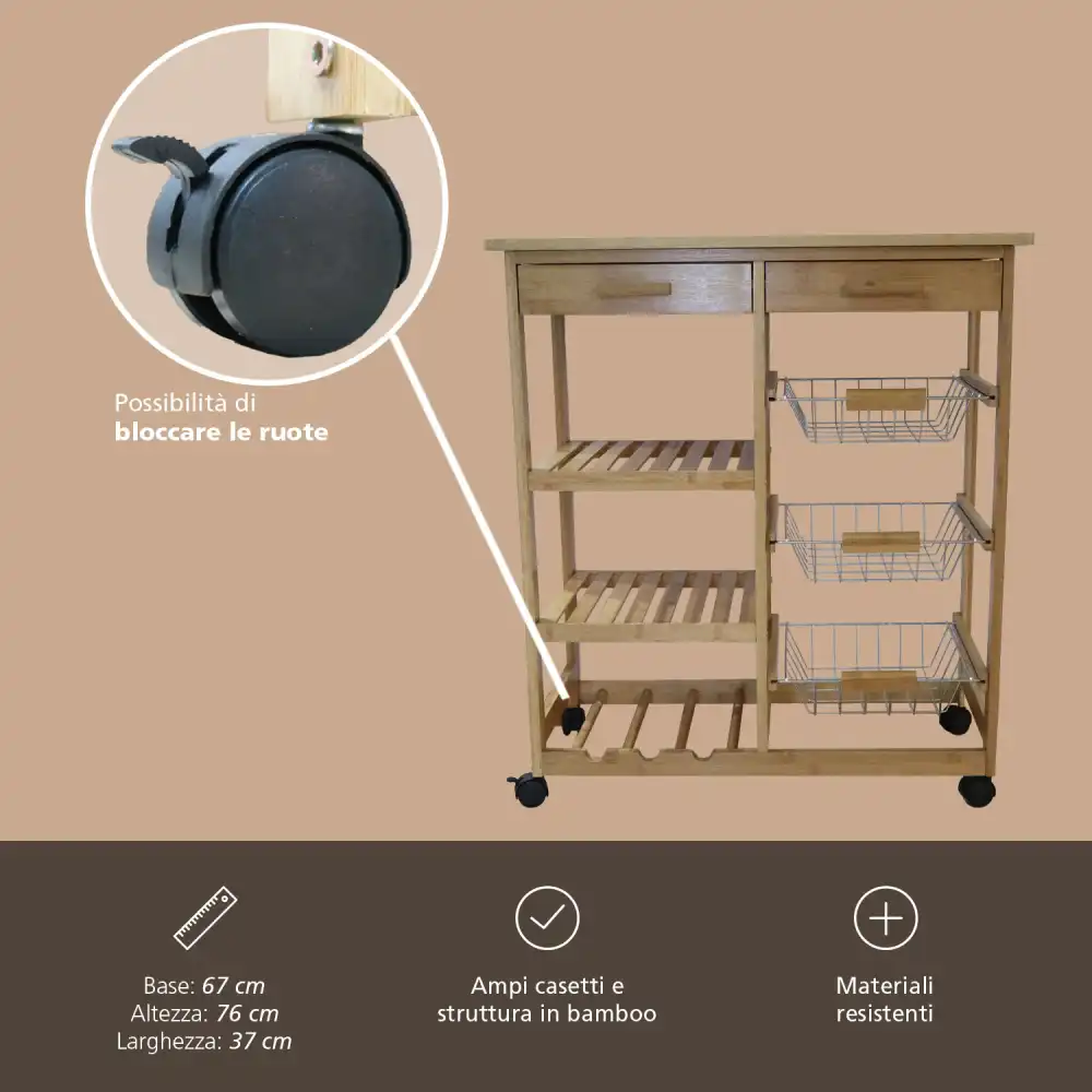 Carrello da Cucina con Ruote 2 Cassetti e Portabottiglie in Legno Bambu' Bamboo