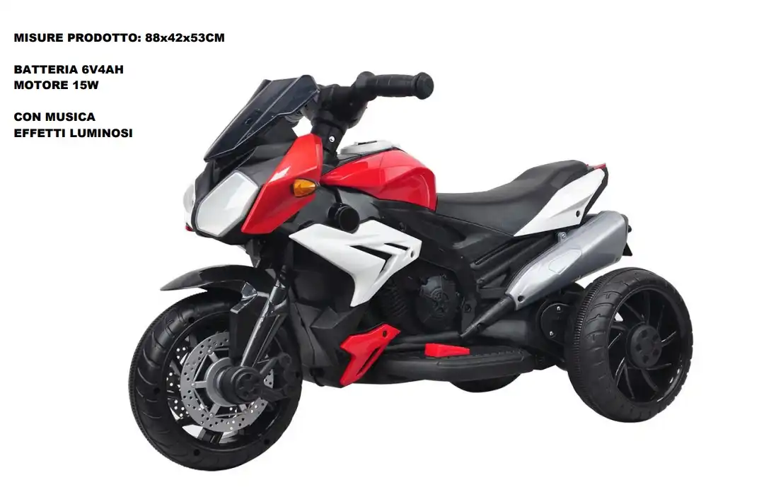 Moto Motocicletta Elettrica Sport Per Bambini 6V Luci e Suoni Rosso Ruote Grandi
